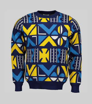 Blue and yellow cowry print knit sweater - front view. Longe Sleeved