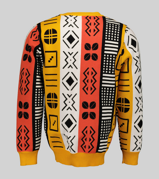 BAR Harvest Bed Knit Jumper Back - View of the long-sleeved, boxy viscose knit sweater showcasing the orange and red geometric knit pattern continuing from the front.