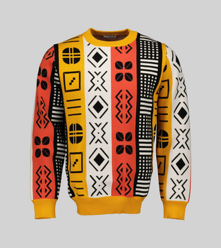 AR Harvest Bed Knit Jumper - A long-sleeved, boxy viscose knit sweater in a captivating orange and red geometric pattern with black and white accents.
