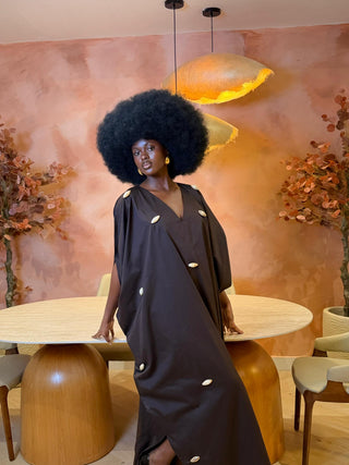 Model wearing Maxi Brown Pearled detail Kimono