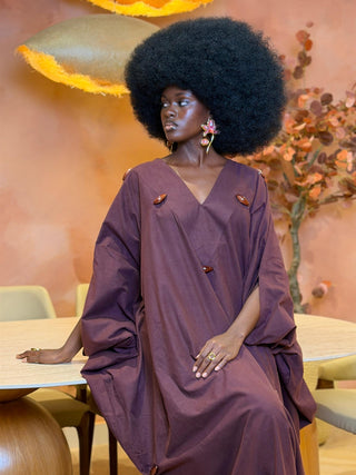 Model wearing Maxi Burgundy Pearled detail Kimono