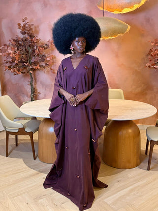 Model wearing Maxi Brown Pearled detail Kimono