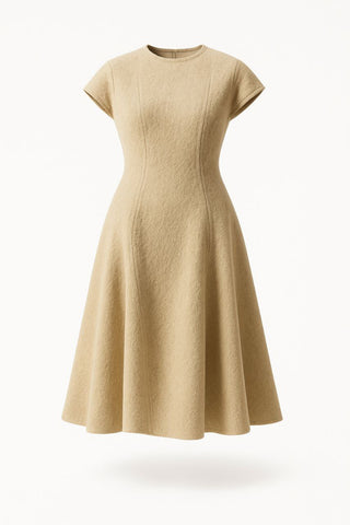 Textured Fit &amp; Flare Dress, meticulously tailored from a boucle-like fabric in a timeless sandstone beige. The sculpted silhouette accentuates the waist and effortlessly falls into a flared hemline. With structured cap sleeves and a crew neckline, this piece exudes quiet sophistication, perfect for any occasion.