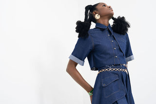 Woman wearing a blue Denim Shirt Sleeve Button Upwith decorative elements on a white background available at House of NALA.
