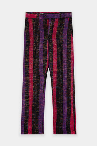 Unisex striped pink, purple and black woven trousers with gold thread by Kente Gentlemen at House of Nala. 