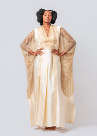 Jeyna A Tene Beige Lace and Satin Embroidered Dress