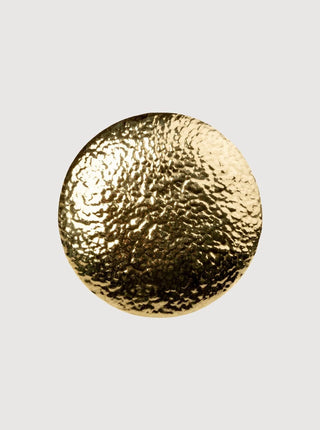 Gold circular object with a textured surface on a light gray background