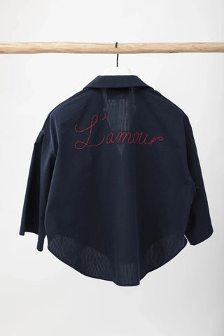 Navy tshirt  top with 'L'amour' embroidery on a white background available at House of NALA
