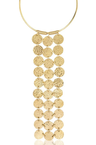Gold necklace with round pendants on a white background available at House of NALA , Sandton City.