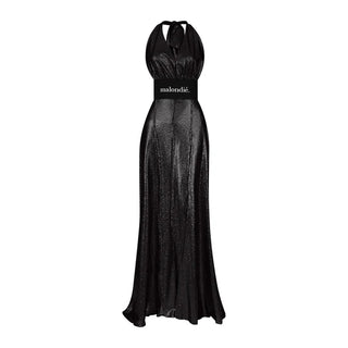 Black evening gown with 'malondé' branding on a white background