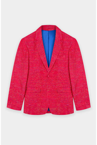 A red and blue Kente fabric single button jacket laid out on a plain background.