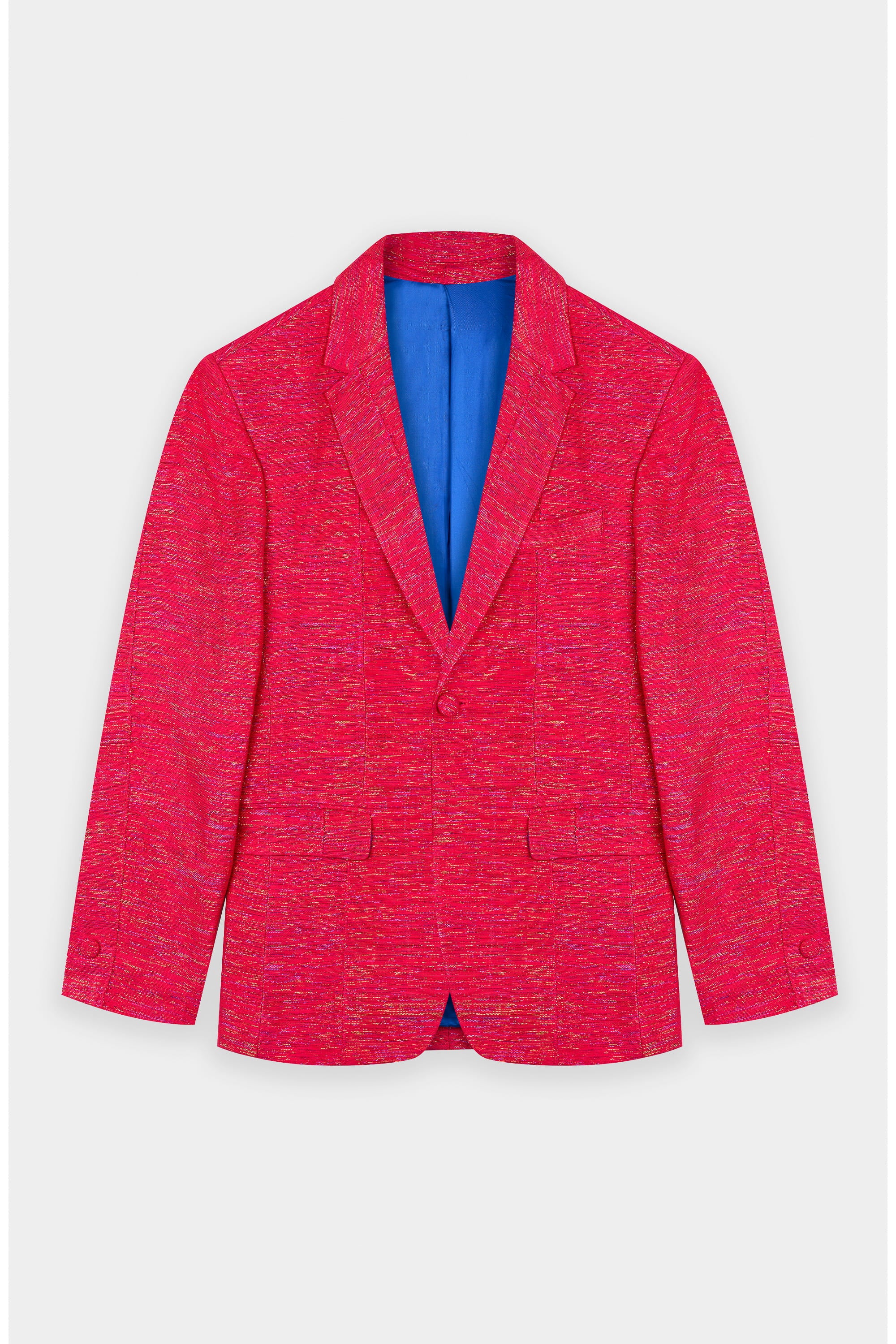 A red and blue Kente fabric single button jacket laid out on a plain background.