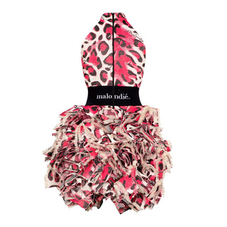 Pink and black leopard print halter top with ruffled skirt on a white background