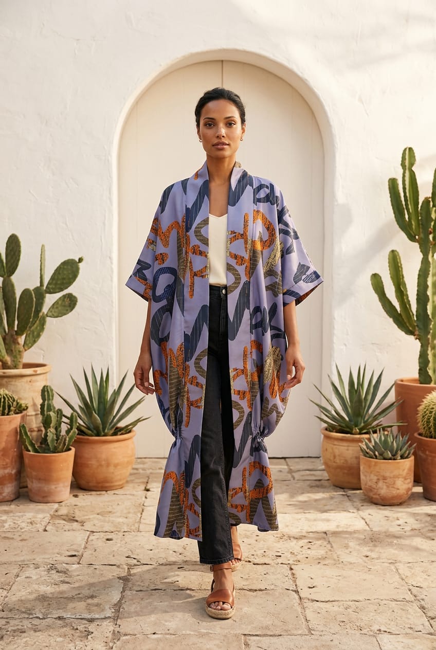Woman wearing a patterned kimono standing in front of a white wall with cacti.