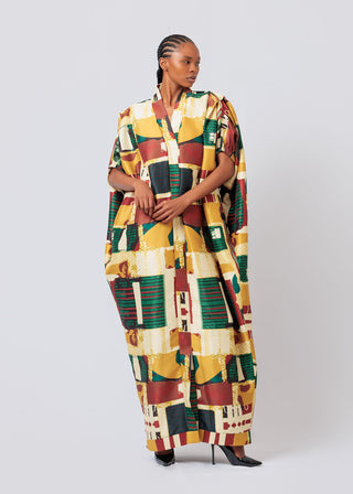 Woman wearing a colorful patterned Mantsho Sunset Agbada Multi-Coloured on a white background