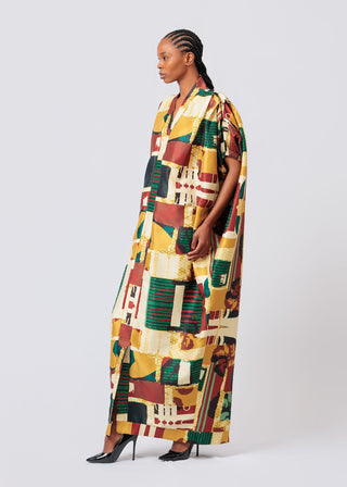 Woman wearing a colorful Mantsho Sunset Agbada Multi-Coloured
 on a white background.