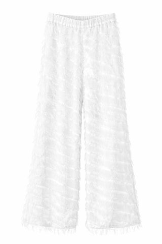 White chiffon pants with fringe texture by NALA Privé