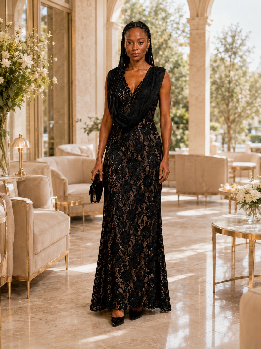 A woman stands in a grand, sunlit indoor lounge wearing a floor-length black lace gown with a deep V-neckline and sleeveless cut. The setting features beige upholstered seating, marble floors, and large arched windows with columns.