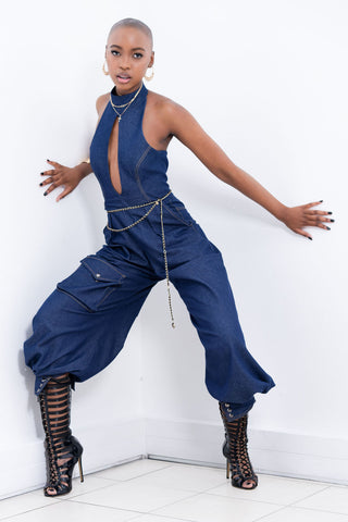 NALA Privé Denim Halter Neck Jumpsuit