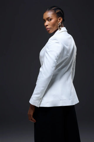 Model wears Nala Prive White collared Blazer for House of NALA