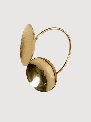 Gold hoop earrings with round gold discs on a light gray background available at House of NALA