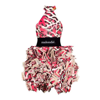 Pink and beige leopard print dress with ruffled skirt on a white background
