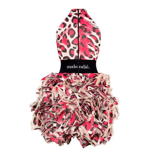 Pink and black leopard print halter top with ruffled skirt on a white background