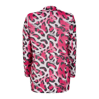 Pink and black leopard print shirt on a white background