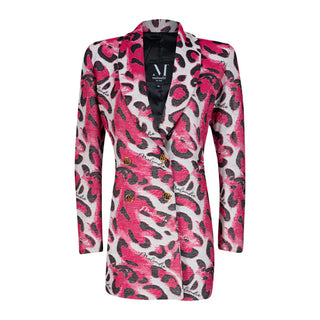 Pink and black patterned blazer on a white background