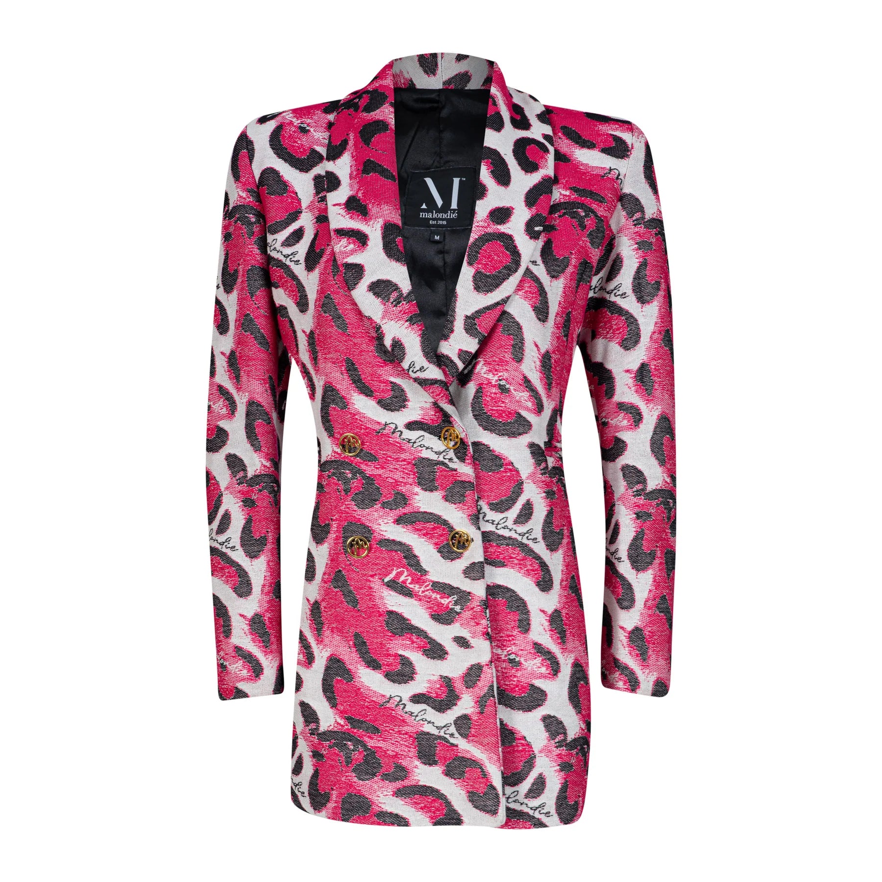 Pink and black patterned blazer on a white background