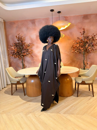 Model wearing Maxi Brown Pearl Kimono