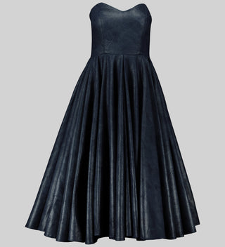 Luxurious denim corset dress with a strapless, sweetheart neckline. Fitted bodice with boning for a cinched waist. Flared skirt creates a figure-flattering silhouette. AFI Privé design. Made in Africa. Available at House of Nala in Sandton City.