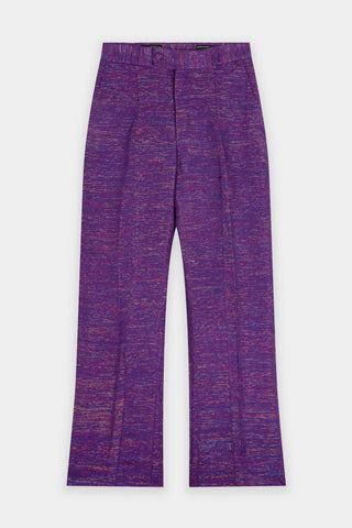 A pair of purple pants with a textured pattern, presumably made from handwoven cotton.