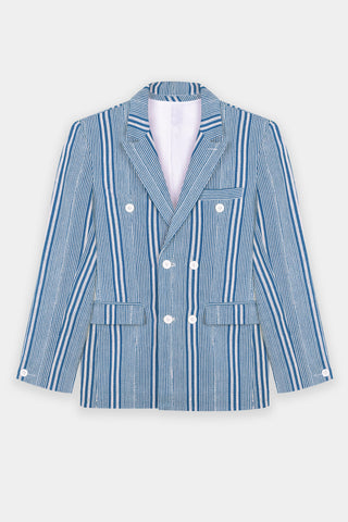 A double-breasted suit jacket with blue stripes, white collar, and six buttons. It features peaked lapels and three functional pockets.