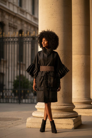 Woman in a black outfit standing in front of classical architecture