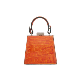 Orange handbag with a textured pattern on a white background