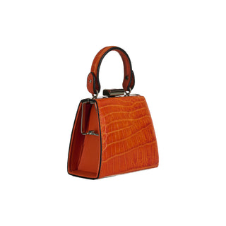Orange handbag with a textured pattern on a white background