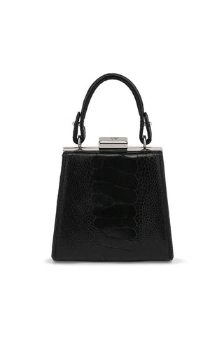 Black textured handbag with a silver clasp on a white background