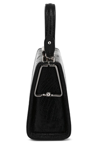 Black handbag with a handle on a white background
