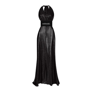 Black evening gown with 'maloudi' branding on a white background