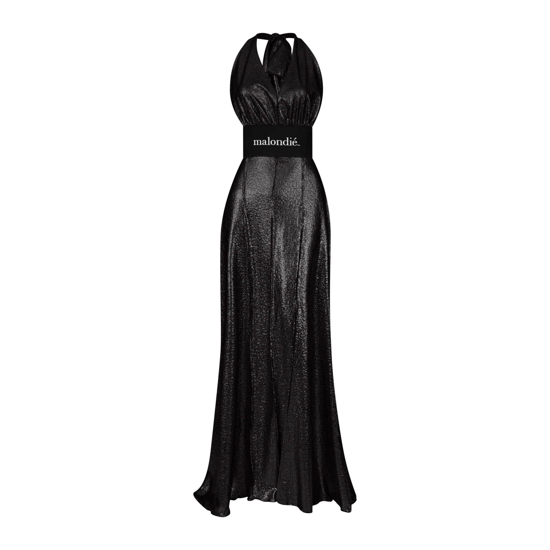 Black evening gown with 'maloudi' branding on a white background