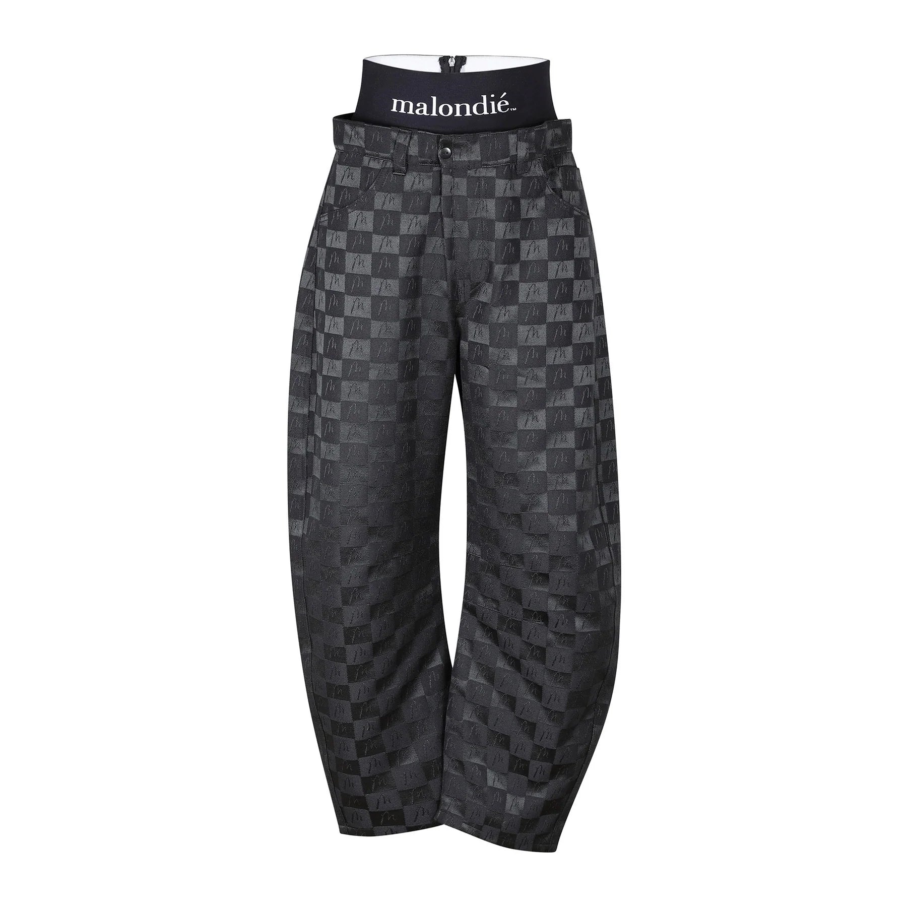 Black patterned pants with 'malondié' label on a white background