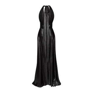 Black halter neck dress on a white background