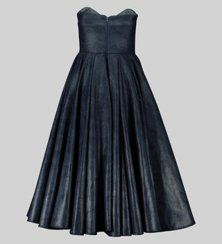 Strapless denim dress with a fitted bodice and flared skirt. Boned bodice creates a defined waist. AFI Privé design. Made in Africa. Available at House of Nala in Sandton City.